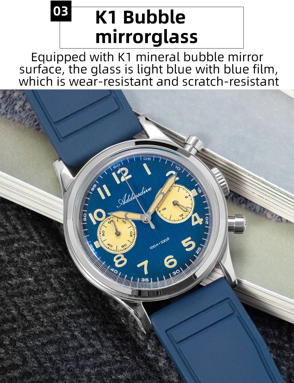 ADDIESDIVE Hot Sale Watch for Men VK64 Chronograph 10Bar Waterproof AD2516 Super Luminous Bubble Mirror Glass Quartz Steel Watch