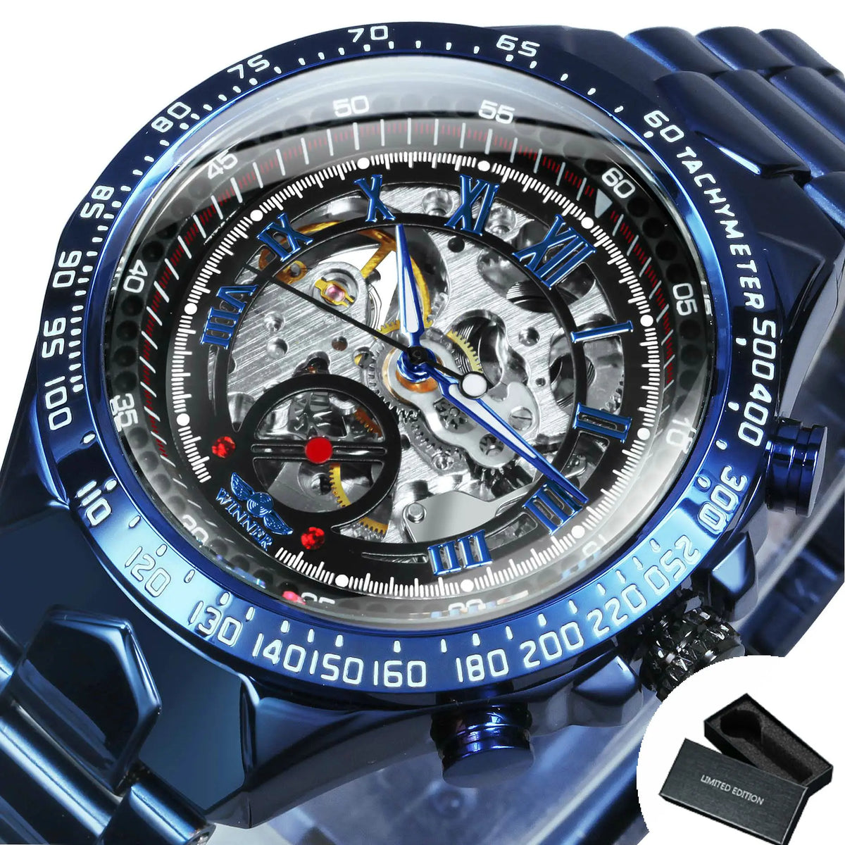 Montre automatique pour homme WINNER – Modèle squelette transparent, aiguilles luminescentes, bracelet en acier inoxydable, montre mécanique de marque de luxe