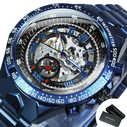 Montre automatique pour homme WINNER – Modèle squelette transparent, aiguilles luminescentes, bracelet en acier inoxydable, montre mécanique de marque de luxe