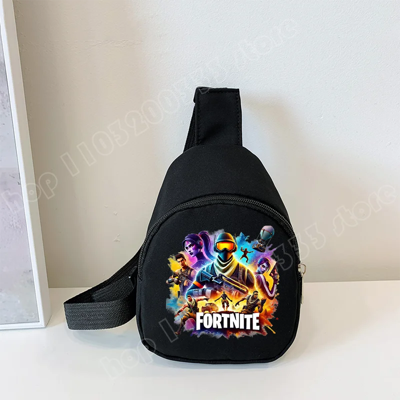 Fortnite Umhängetasche mit Game-Print für Kinder, Mini-Brusttasche, klassische schwarze Schultertasche und Geldbörse, geeignet für Schule und Outdoor-Aktivitäten