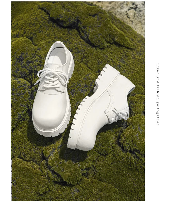 Thick Sole Casual Genuine Leather Dress Shoes Men Platform Heighten Japan Harajuku Korean Streetwear Fashion Shoes White