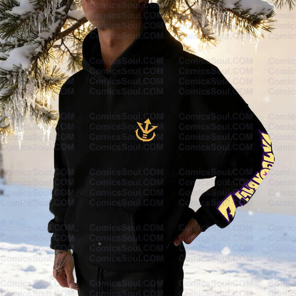 Conjunto de sweatshirt com capuz preta Dragon Ball Z Frieza Forma Dourada, estampado nas costas com efeito de energia roxa, sweatshirt de algodão com design de logótipo M