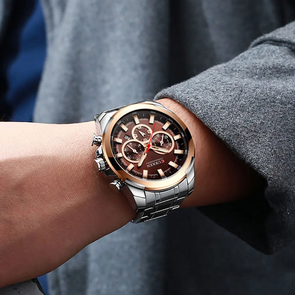 CURREN férfi kronográf óra, 48 mm-es nagy számlap, rozsdamentes acél karkötő, három kis számlap, kvarc sportkaróra, luxus stílus