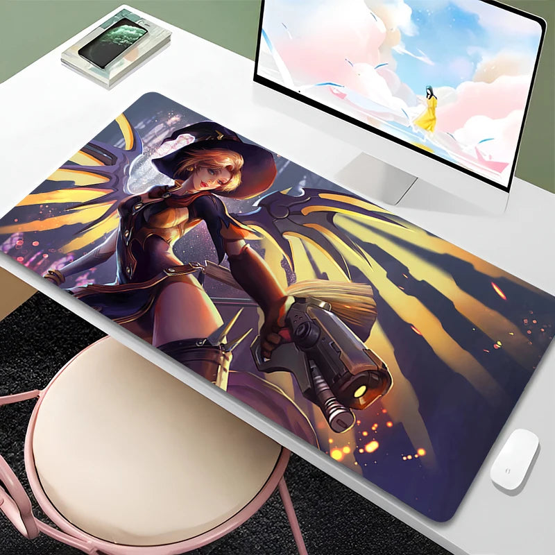 Overwatch Mercy Mauspad PC Gamer Cabinet Kawaii Mousepad XXL Sexy Anime Girl Tastaturunterlage Laptop-Gaming-Zubehör Schreibtischmatte