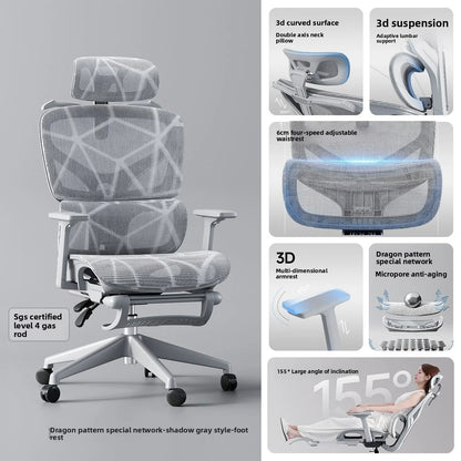 Cadeira de Escritório Ergonómica Ajustável em Malha, Cadeira de Secretária para Computador com Encosto Alto Respirável, Apoio Lombar 6D e Apoio para Pés Retrátil