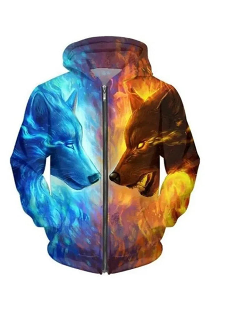 Sweat à capuz com fecho e estampado 3D de lobo, estilo streetwear, para homem/mulher, casaco com capuz unissexo casual hip-hop