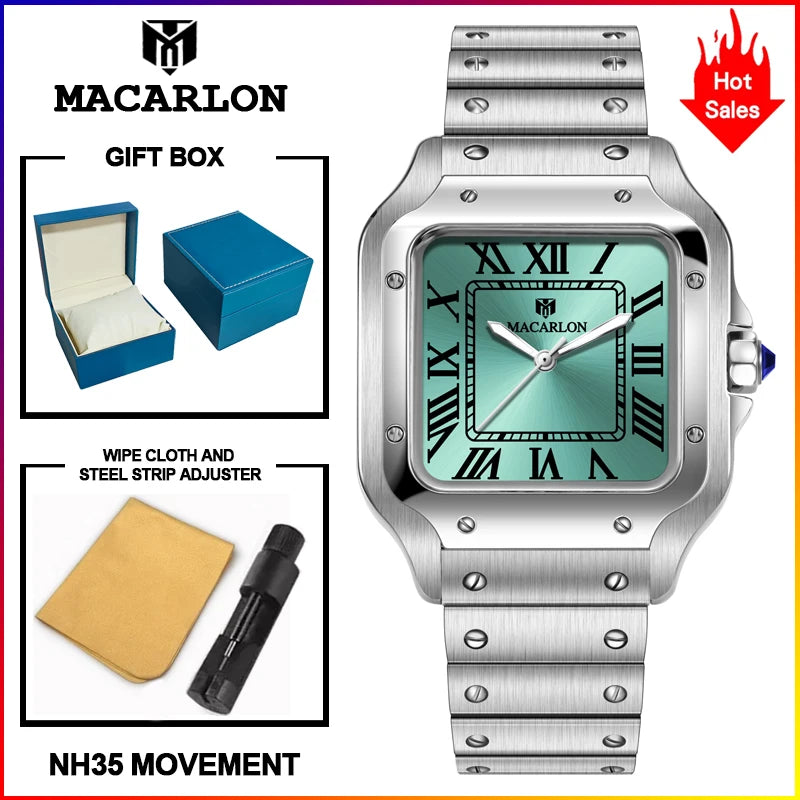2026 New MACARLON Design 38mm Mechanical Watch Men's Sapphire Glass Luminous Stainless Steel Waterproof China NH35 Automatic Watch