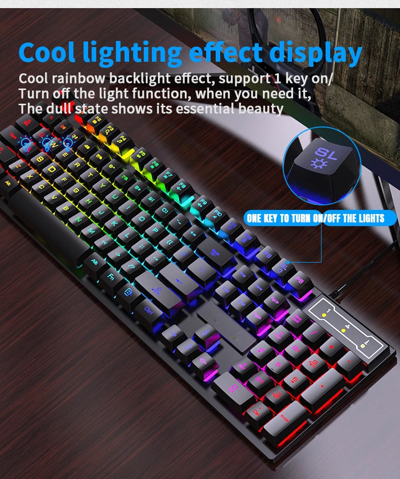 Teclado con cable de 104 teclas con retroiluminación RGB y efecto de respiración, set ergonómico de teclado y ratón gaming para ordenador, portátil, gamer y oficina