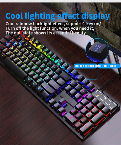 Teclado con cable de 104 teclas con retroiluminación RGB y efecto de respiración, set ergonómico de teclado y ratón gaming para ordenador, portátil, gamer y oficina