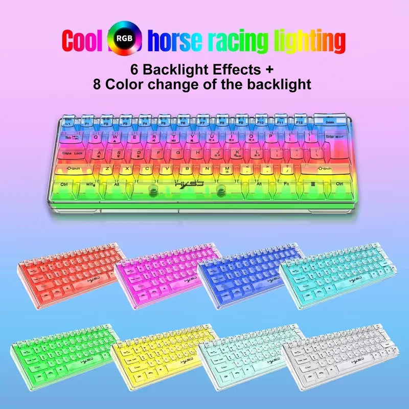 61-key fully transparent wired gaming keyboard with RGB backlight, ergonomic design, portable and ultra-compact 60% mini film keyboard