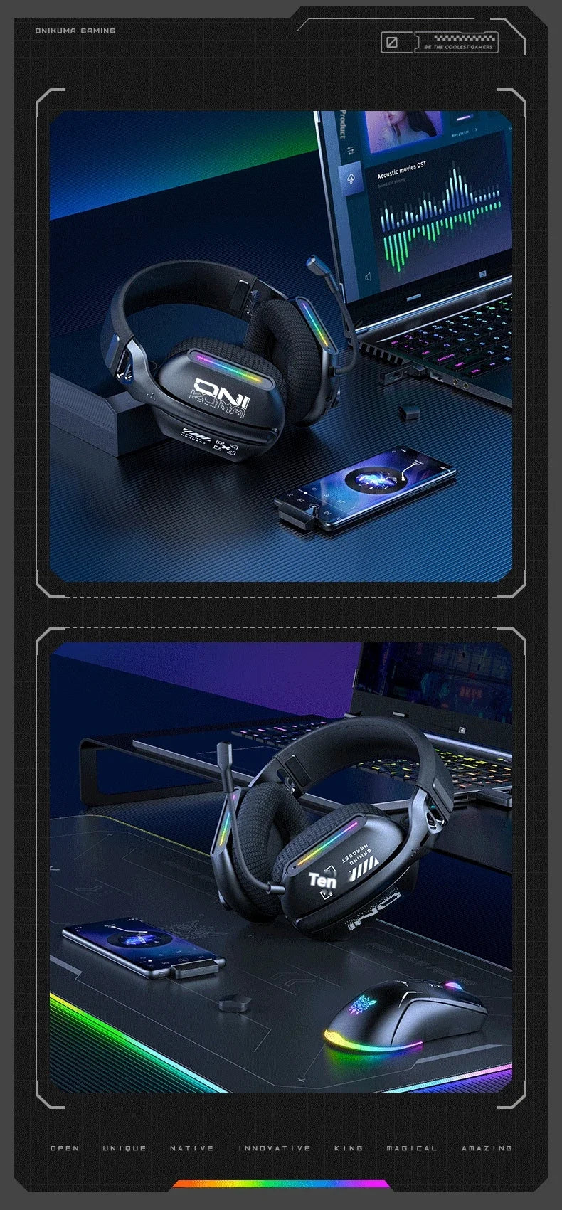 Cuffie gaming wireless ONIKUMA GT808 2.4G/Bluetooth/cablate a 3 modalità over-ear con microfono con cancellazione del rumore per PC PS4 PS5