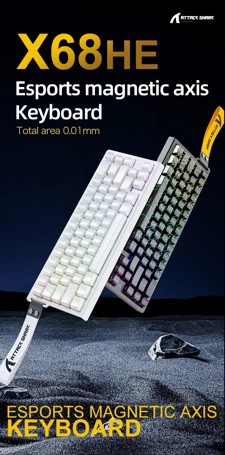 X68HE ATTACK SHARK Magnetic Gaming Keyboard Mechanical Wired for Pro Gaming 0.01mm Rapid Trigger 8000Hz SOCD/Rs 0.125ms 128K Rate