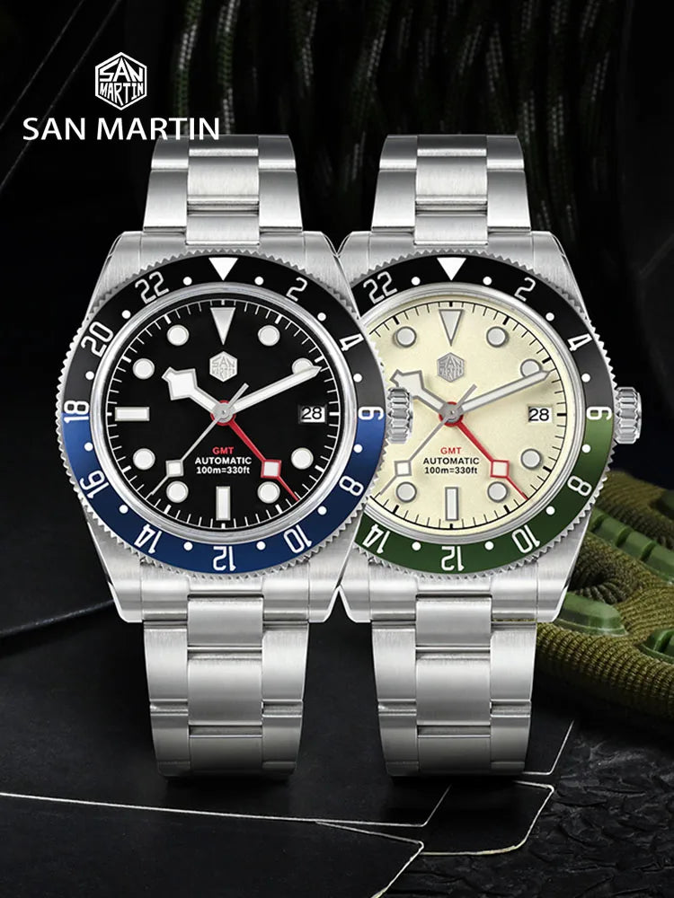 San Martin 39mm NH34 GMT Men's Luxury Watch Bidirectional Aluminum Bezel Automatic Mechanical Sapphire 100M Waterproof SN0109