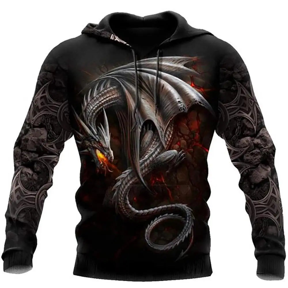 Sweatshirt com capuz para homem, unissexo, de manga comprida, outono/inverno, com estampado 3D de dragão e estilo tatuagem, pullover streetwear casual tipo fato de treino