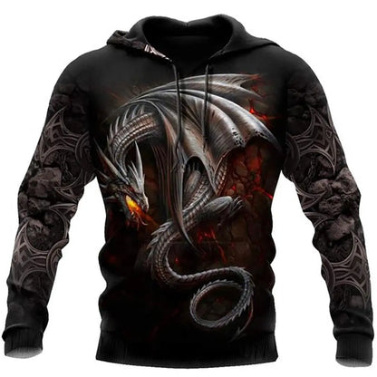 Sweatshirt com capuz para homem, unissexo, de manga comprida, outono/inverno, com estampado 3D de dragão e estilo tatuagem, pullover streetwear casual tipo fato de treino