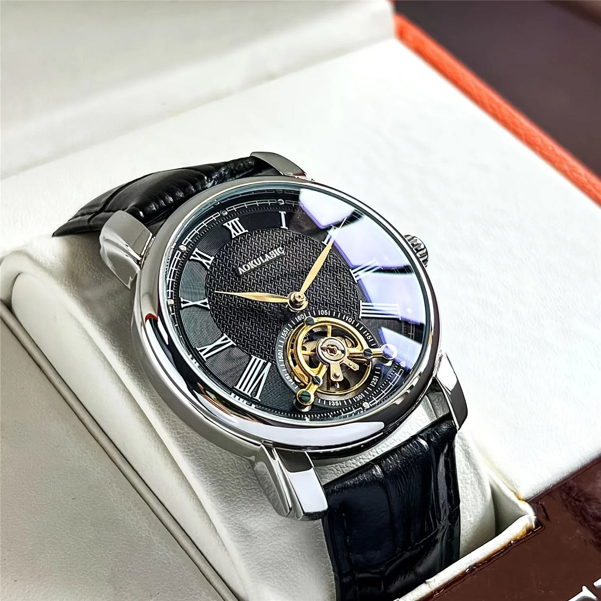 Automatisch mechanisch herenhorloge – Elegant opengewerkt ontwerp, trendy ‘business casual’-stijl, behuizing van legering en leren band, zonder batterij