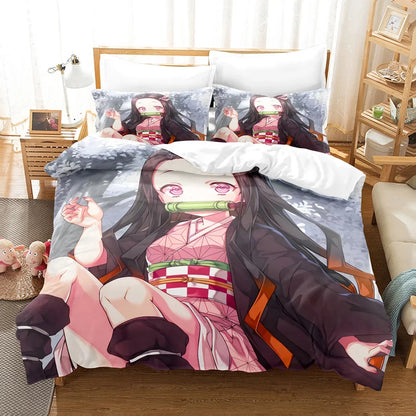 Nezuko Kamado patalynės komplektas, anime „Demon Slayer“ antklodės užvalkalas, patalynė, Single Twin Full Queen dydžiai, 3D dovana vaikams, mergaitėms ir berniukams