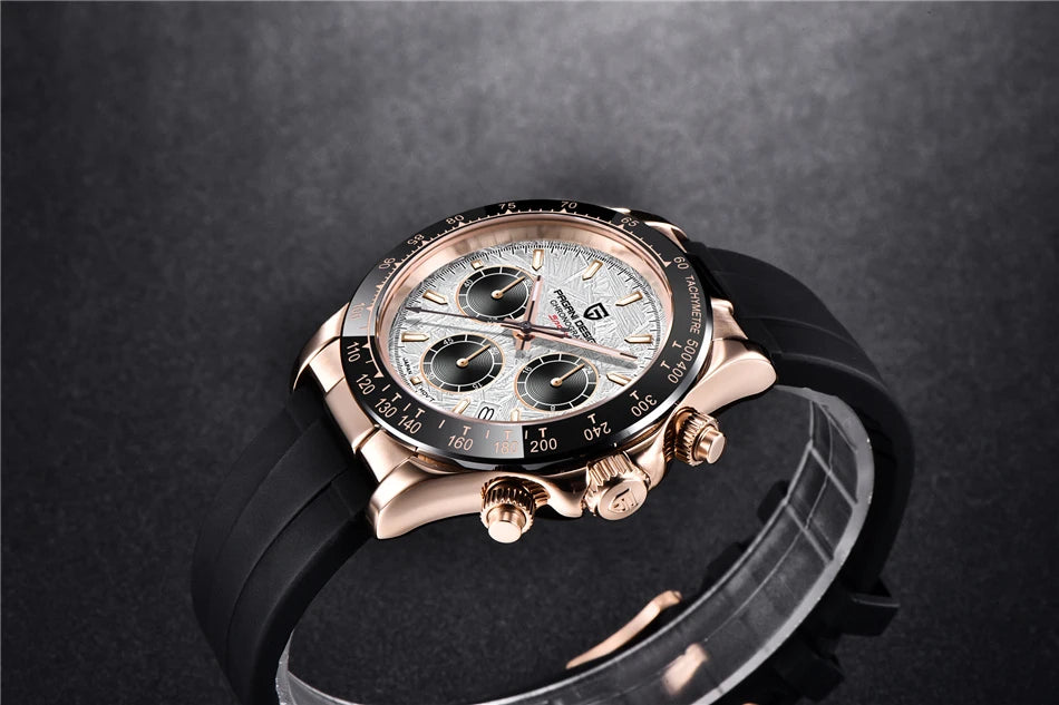 PAGANI DESIGN V2 40MM Herrenuhr mit Meteorit-Zifferblatt, Quarzwerk, Saphirglas, Retro-Chronograph, wasserdichte Uhr für Herren