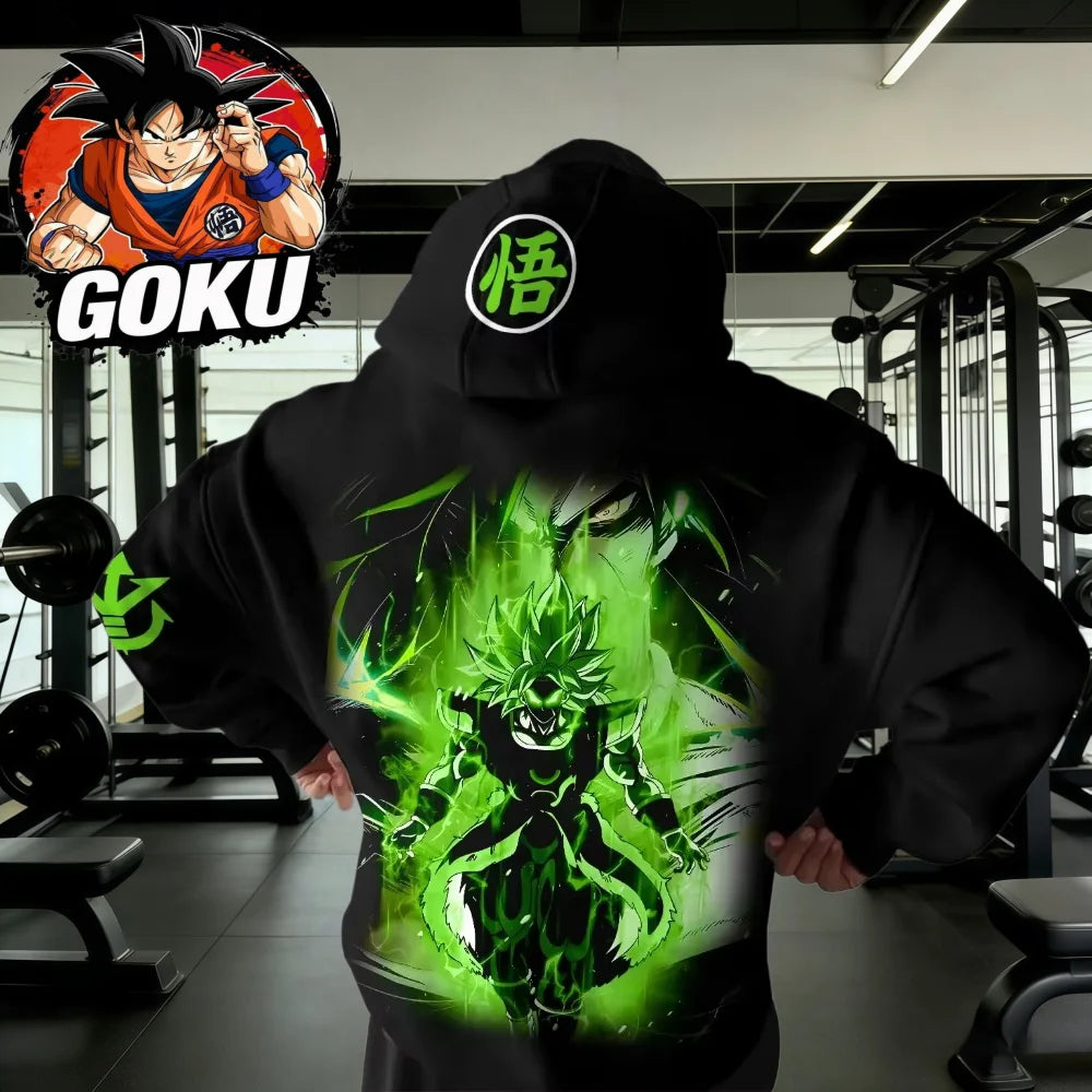 Hoodie de Ginásio Retro Dragon Ball Outono/Inverno 2026 100% algodão com estampado verde Broly, oversize, streetwear fitness para homem e mulher