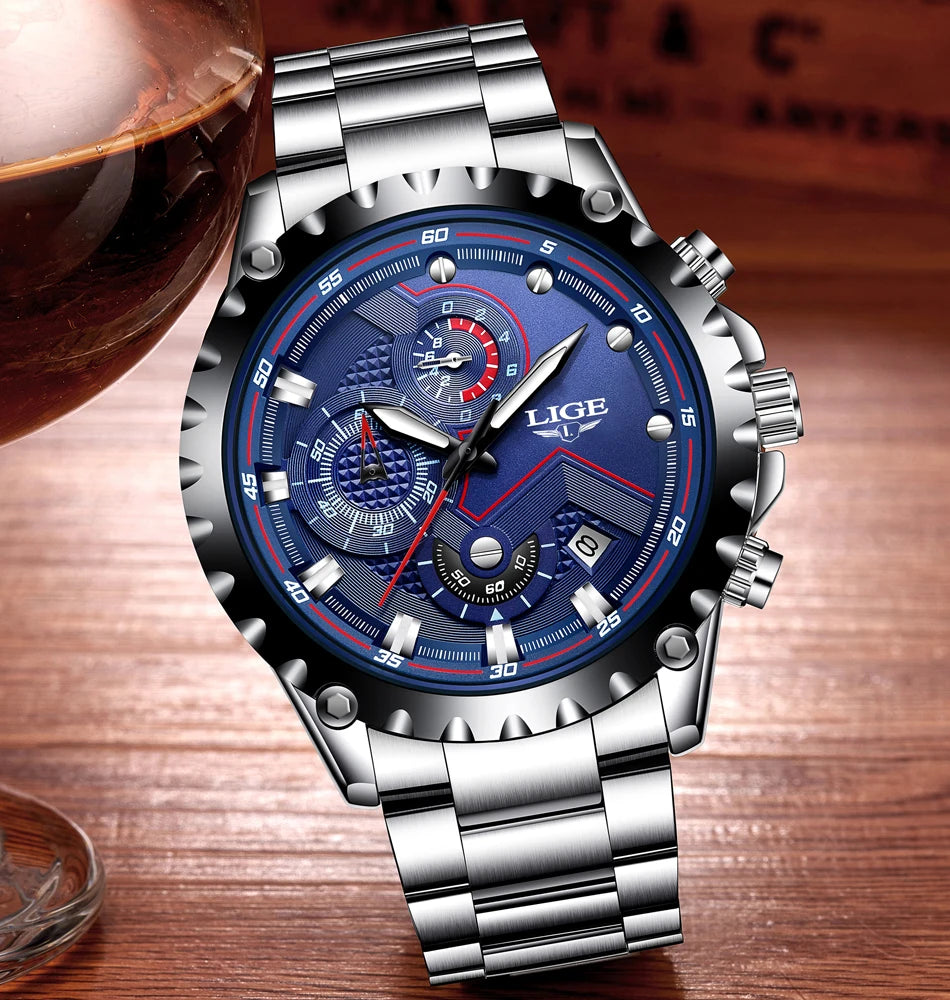 LIGE Men’s Watch – Trendy quartz watch, luxury brand, all-steel, professional style, water-resistant and sporty – Supplied with box