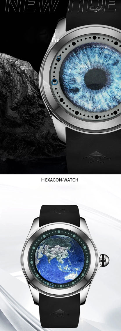 KAFYASE Fashion Earth Bubble Rubber Automatic Watches Luxury Men 46mm Mechanical Wristwatches Art Eye Ball Dial Classic Watch