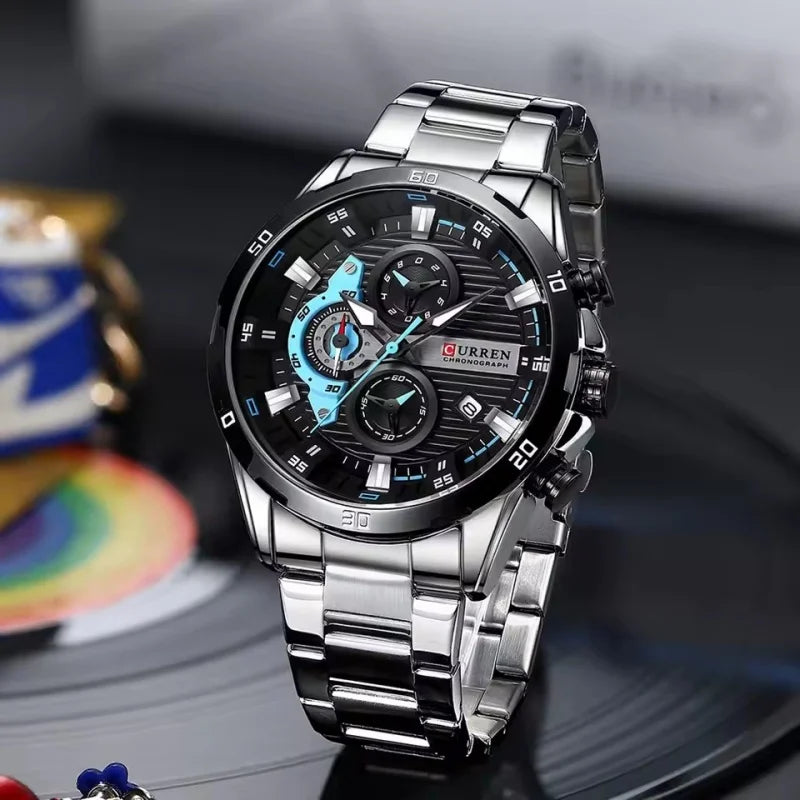 Relógio de luxo para homem CURREN 8402, novo, em aço inoxidável, estanque, com cronógrafo e iluminação noturna.