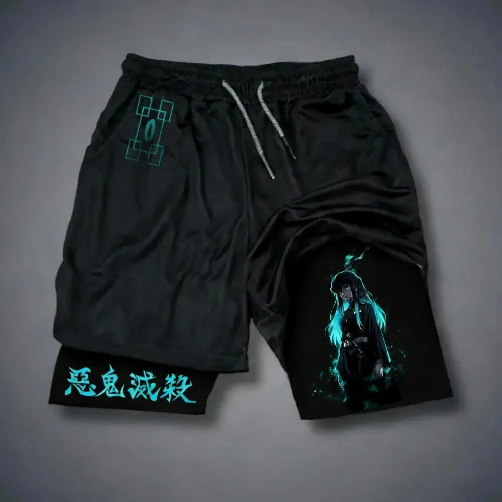 Anime Demon Slayer Gym Shorts Men Quick Dry Pants Double-layer 2-in-1 Shorts Y2K Sportswear Summer 2026 Breathable Streetwear