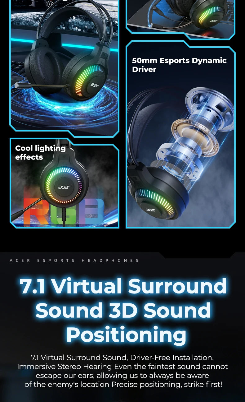 RGB kabelgebundene Gaming-Ohrhörer mit Mikrofon – Low-Latency-Surround-Sound-Gaming-Headset mit cooler RGB-Beleuchtung, Geräuschisolierung und komfortabler Passform