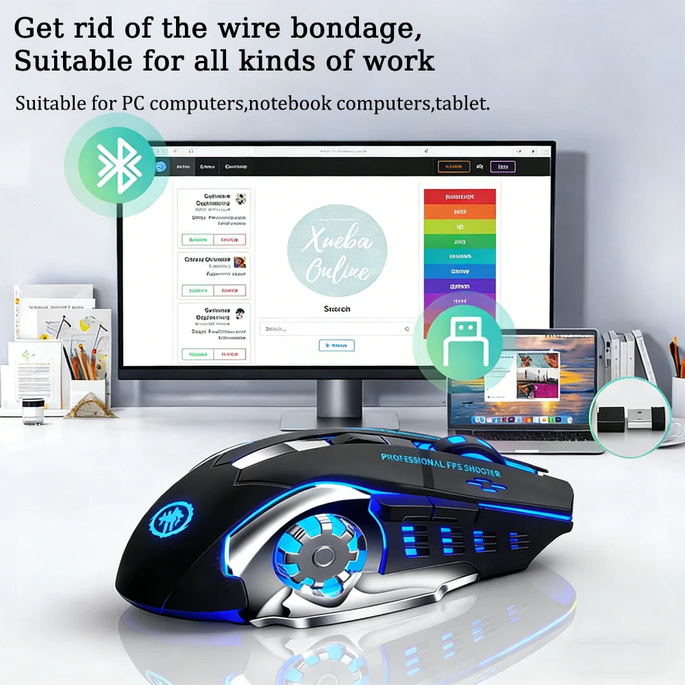 Rato Gaming Mecha Sem Fios Bluetooth 2.4G USB Recarregável Silencioso com Retroiluminação — Rato Ergonómico para Escritório e Acessórios de Jogo