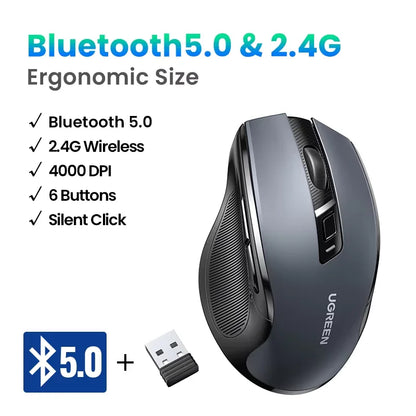 Ratón inalámbrico UGREEN Bluetooth 5.0 ergonómico 4000DPI con 6 botones silenciosos para MacBook, tabletas, portátiles, ordenador PC y conexión 2.4G