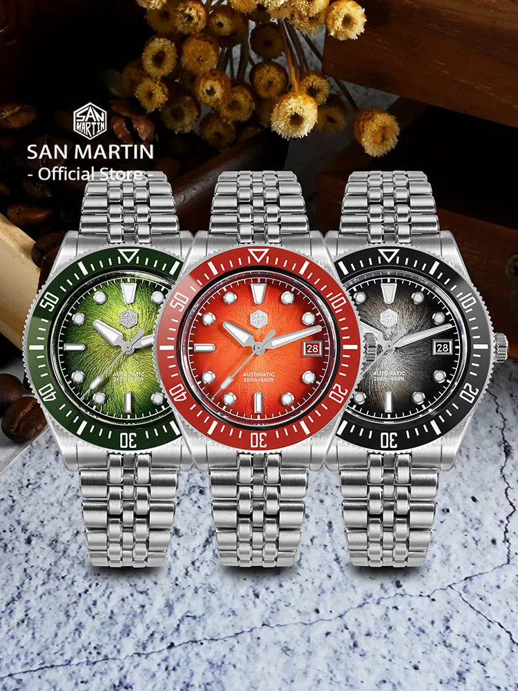 Relógio de mergulho de luxo para homem San Martin 40mm Miyota 9015, mostrador em esmalte sunburst, relógio de pulso mecânico automático, resistente à água 200m, SN0148