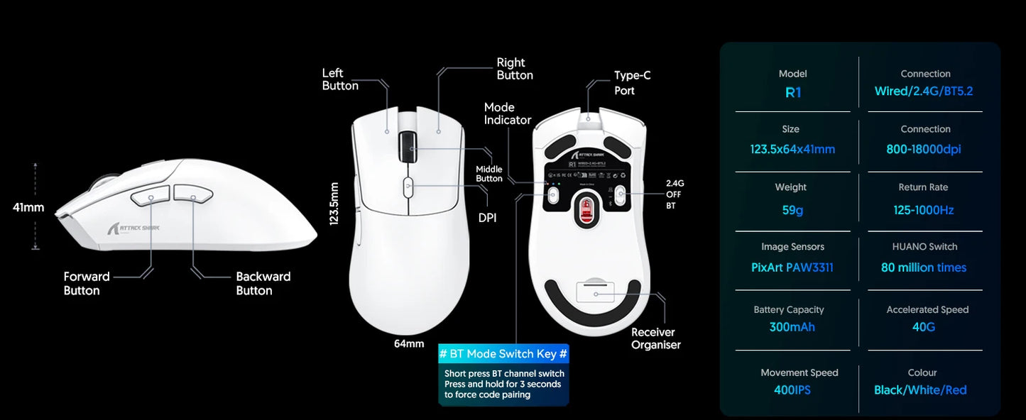 ATTACK SHARK R1 Tri-Mode-Gaming-Maus, PixArt PAW3311 Sensor, 18000 DPI, 1000hz, 59g ultraleicht für große Hände, für PC/Mac