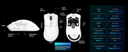 ATTACK SHARK R1 Tri-Mode-Gaming-Maus, PixArt PAW3311 Sensor, 18000 DPI, 1000hz, 59g ultraleicht für große Hände, für PC/Mac