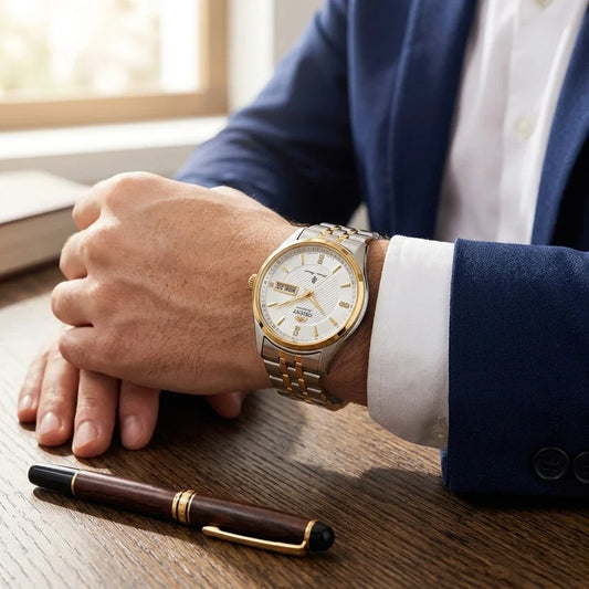 Reloj mecánico automático para hombre de la marca Orient, con doble calendario (fecha y día de la semana), índices de cristal y correa de acero inoxidable – Reloj de pulsera de estilo profesional