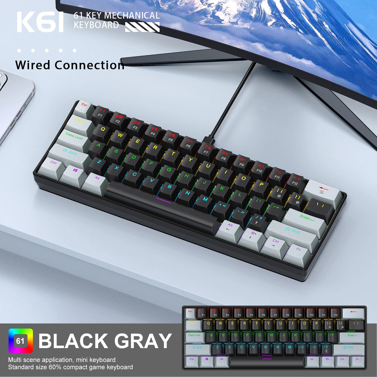 APAYADO K61 60% Μίνι Ενσύρματο Μηχανικό Πληκτρολόγιο Gaming Phantom RGB, 61 Πλήκτρα, Κόκκινοι/Μπλε Διακόπτες, Εργονομικό, Φορητό για PC/Laptop