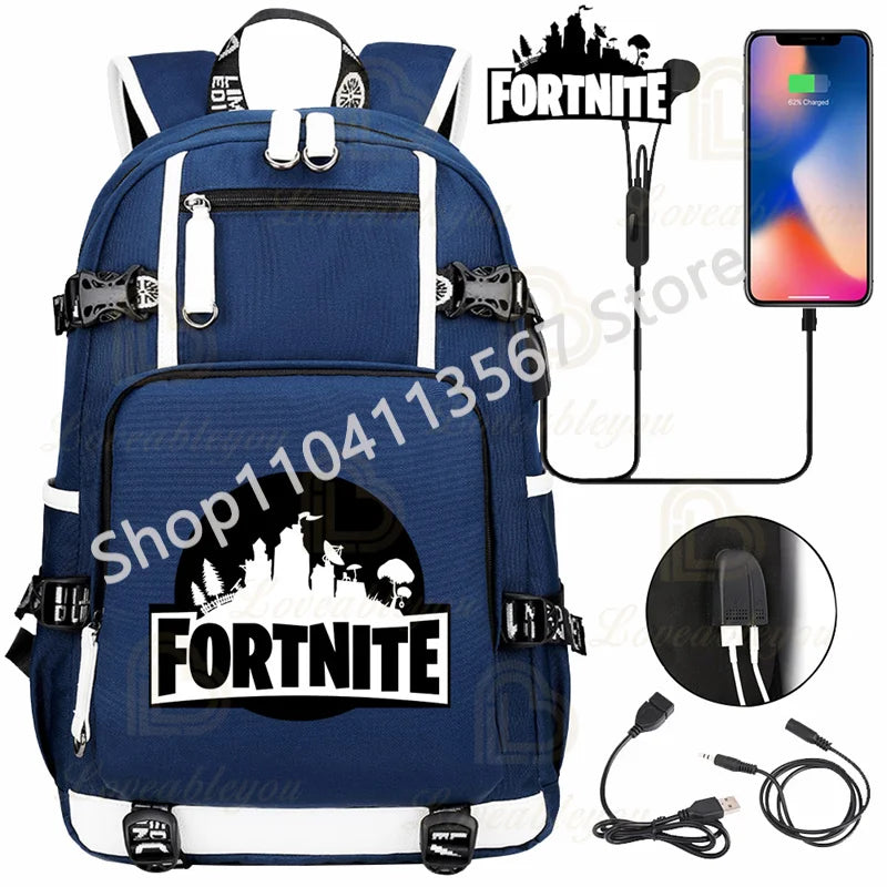 Ultima Knight F-Fortnited Battle Royale Rucksack mit USB-Ladeanschluss, Anime-Figuren und Studienfach für Schreibwaren für Schüler