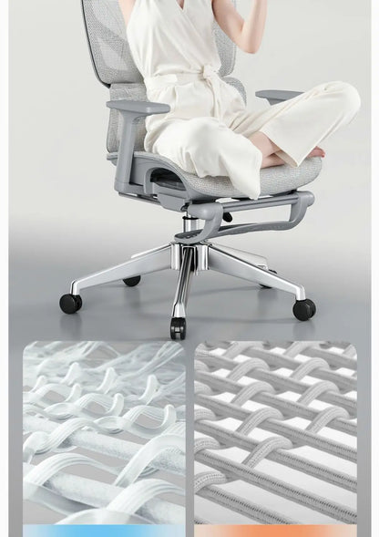Cadeira de Escritório Ergonómica Ajustável em Malha, Cadeira de Secretária para Computador com Encosto Alto Respirável, Apoio Lombar 6D e Apoio para Pés Retrátil