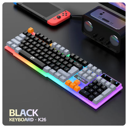 Teclado individual e conjunto teclado + rato RAIKU T26 de três tons com iluminação, teclado e rato com fios, toque mecânico, conjunto gaming
