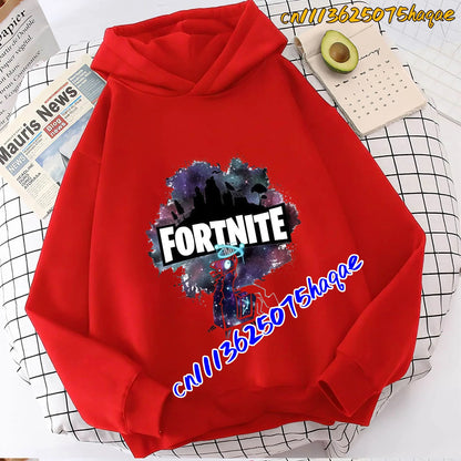 Hoodies infantis Fortnite com estampado do jogo, fato confortável de desenho animado, tops largos de manga comprida, roupa de outono/inverno
