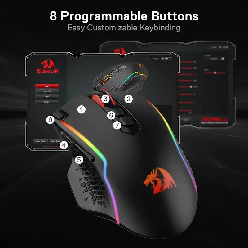 Rato Gaming Sem Fios Redragon M810 Pro, 10000 DPI, Rato Gamer com Fio c/ Tecla Rapid Fire, 8 Botões Macro, Rato Preto/Branco