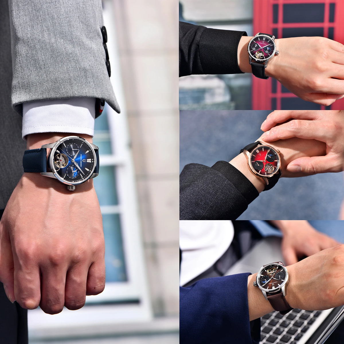 PAGANI DESIGN – Luxusné mechanické pánske hodinky, 41 mm, zafírové sklo, kožený remienok, vodotesné, v štýle pilotných hodín, s tourbillonom a fázou mesiaca