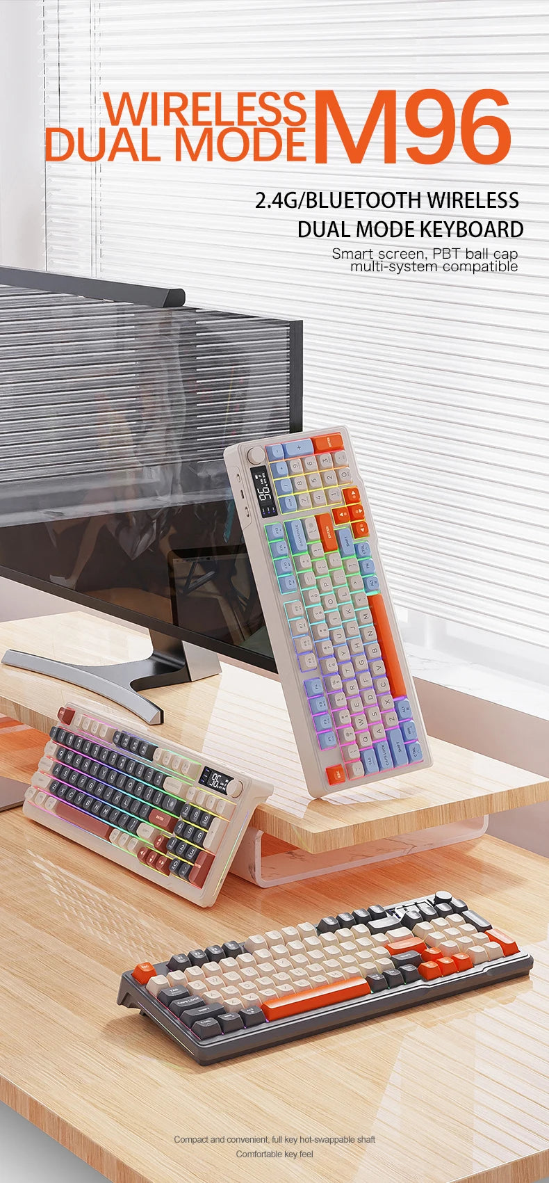 M96 Bluetooth-Tastatur Kabellose FREEWOLF Bildschirm-Gaming-Tastatur, elektronischer Bildschirm, Multi-Device-Verbindung, ergonomisches Gaming