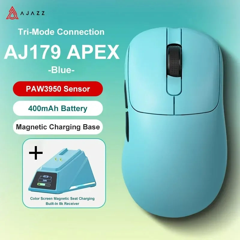 Ratón gaming inalámbrico Ajazz AJ179 APEX con base con pantalla a color, Bluetooth, PAW3395, batería de 400mAh, frecuencia de actualización de 8000Hz