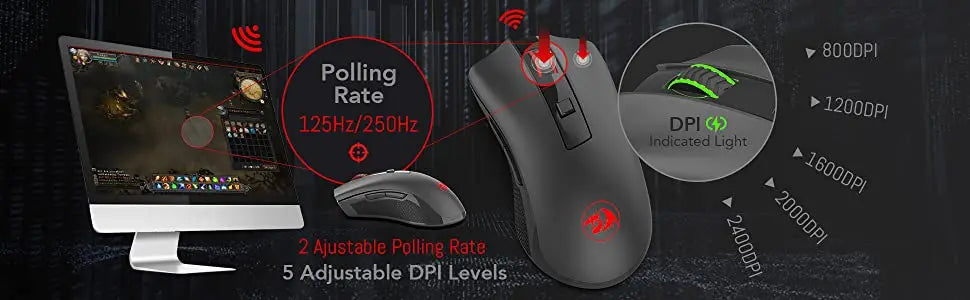 Rato sem fios Redragon M652 Optical 2.4G com recetor USB, rato portátil para gaming e escritório, 5 níveis de DPI ajustáveis