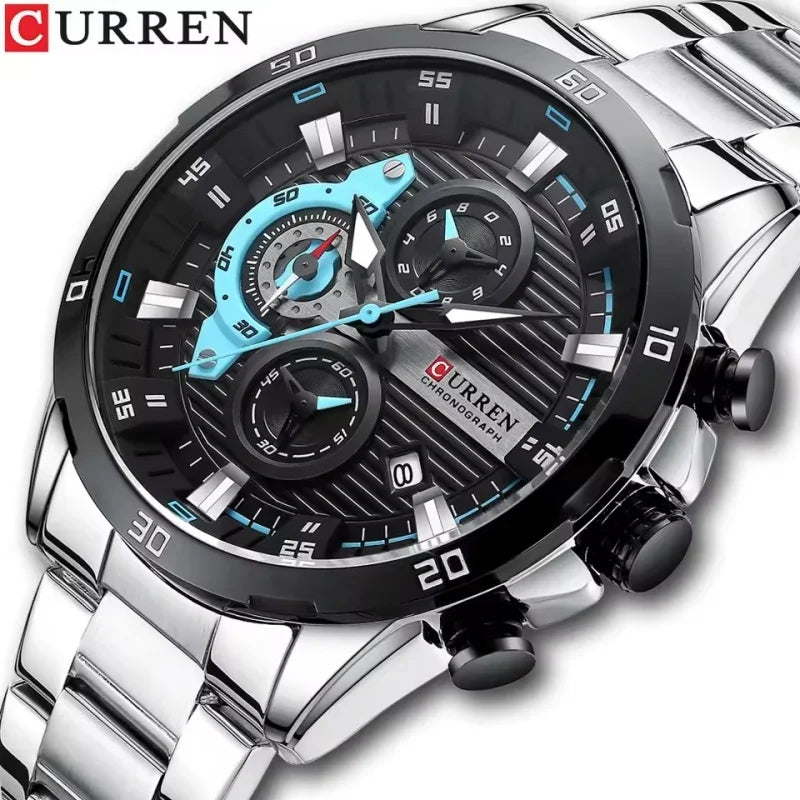 Relógio de luxo para homem CURREN 8402, novo, em aço inoxidável, estanque, com cronógrafo e iluminação noturna.