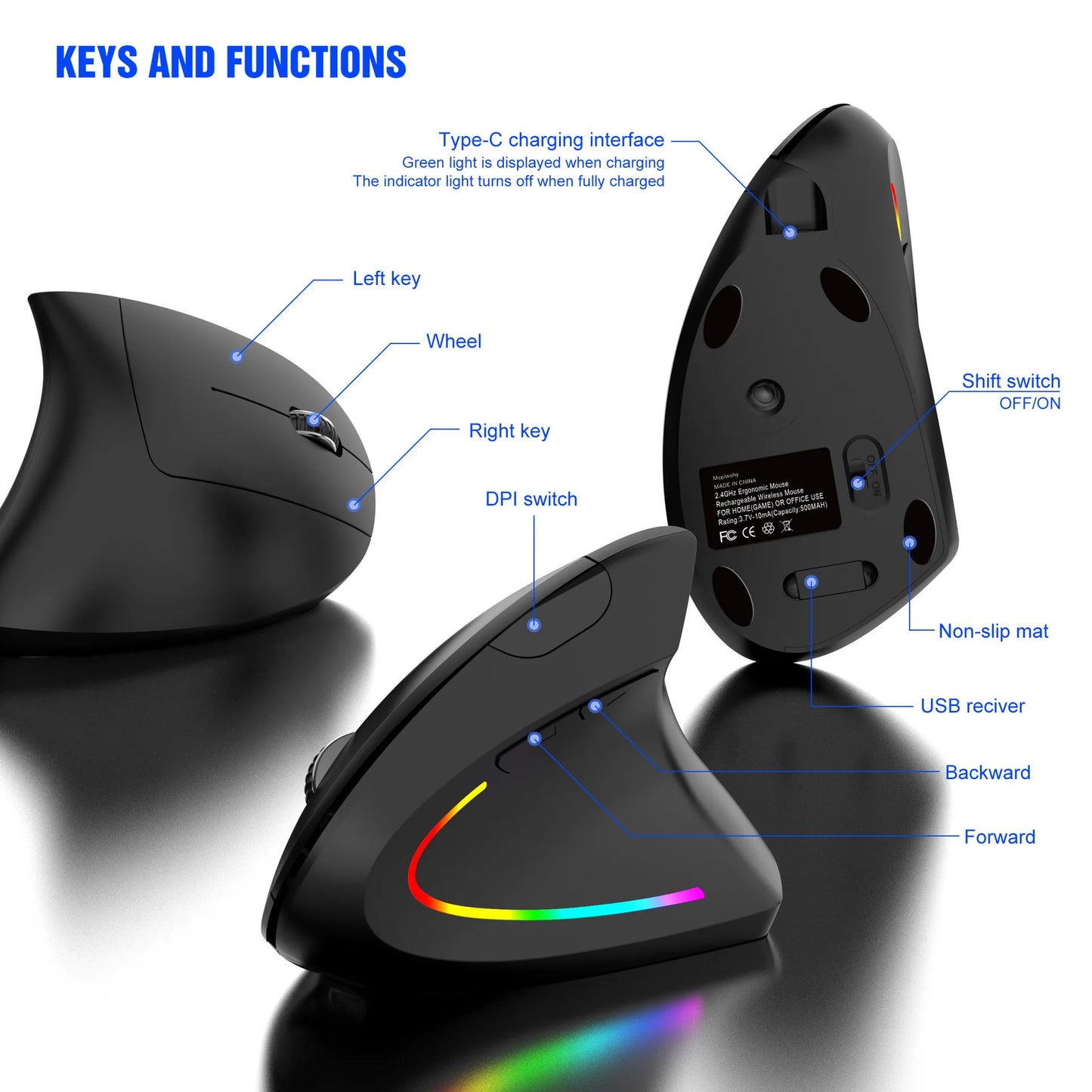 Nuovo mouse verticale wireless 2.4GHz con DPI regolabile, ottico ed ergonomico per il polso, con retroilluminazione gaming, per laptop, tablet, Mac e iPad