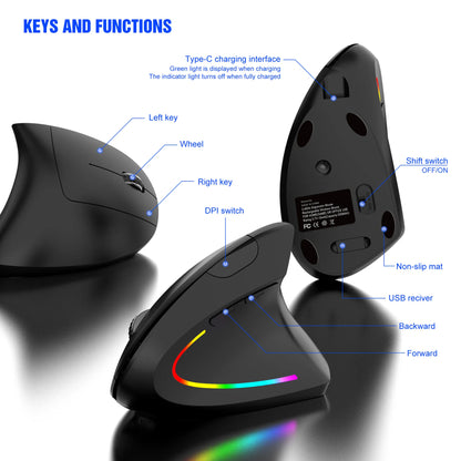 Nuovo mouse verticale wireless 2.4GHz con DPI regolabile, ottico ed ergonomico per il polso, con retroilluminazione gaming, per laptop, tablet, Mac e iPad