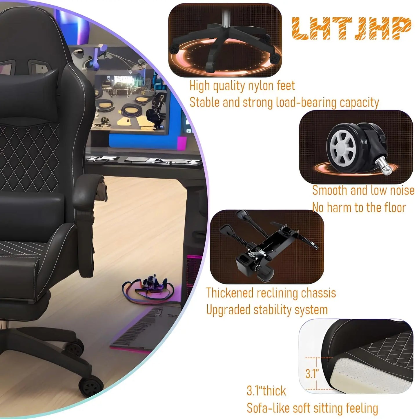 Cadeira Gaming Hestora em Couro PU Grande e Alta, Ergonómica, de Encosto Alto, para Computador, com Apoio para os Pés, Massagem e Suporte Lombar para Adultos