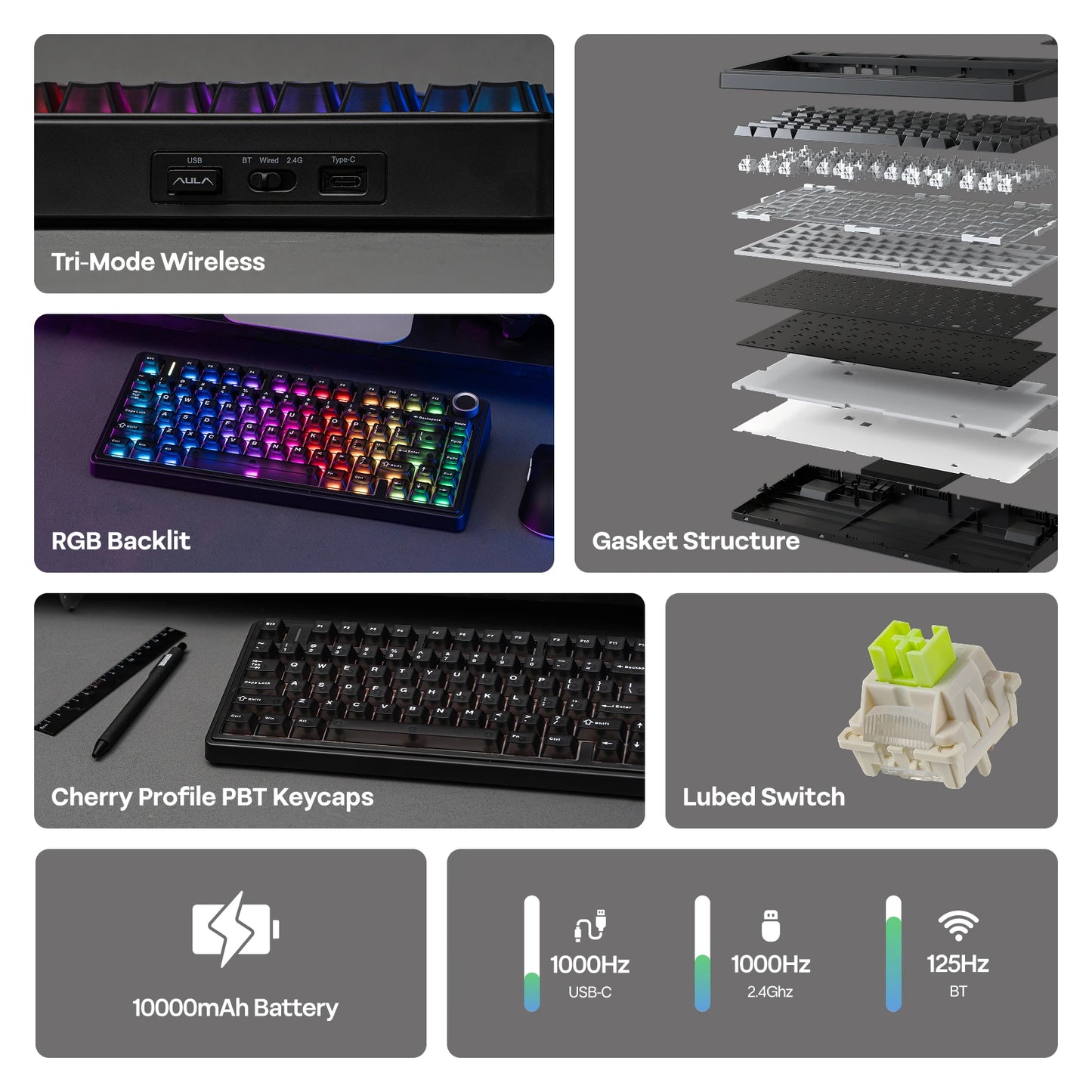Teclado Mecânico EPOMAKER x AULA F75 Ultra VIA Programável 75% ANSI US QWERTY com Gasket, com Fios/Bluetooth/2.4Ghz Sem Fios