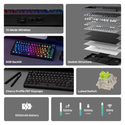 Teclado Mecânico EPOMAKER x AULA F75 Ultra VIA Programável 75% ANSI US QWERTY com Gasket, com Fios/Bluetooth/2.4Ghz Sem Fios